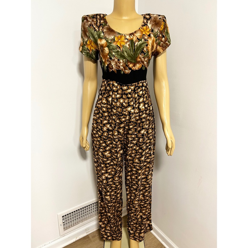 Vintage Dawn Joy Fashions Floral Leopard Print Jumpsuit Wide Leg Rayon USA 3-4